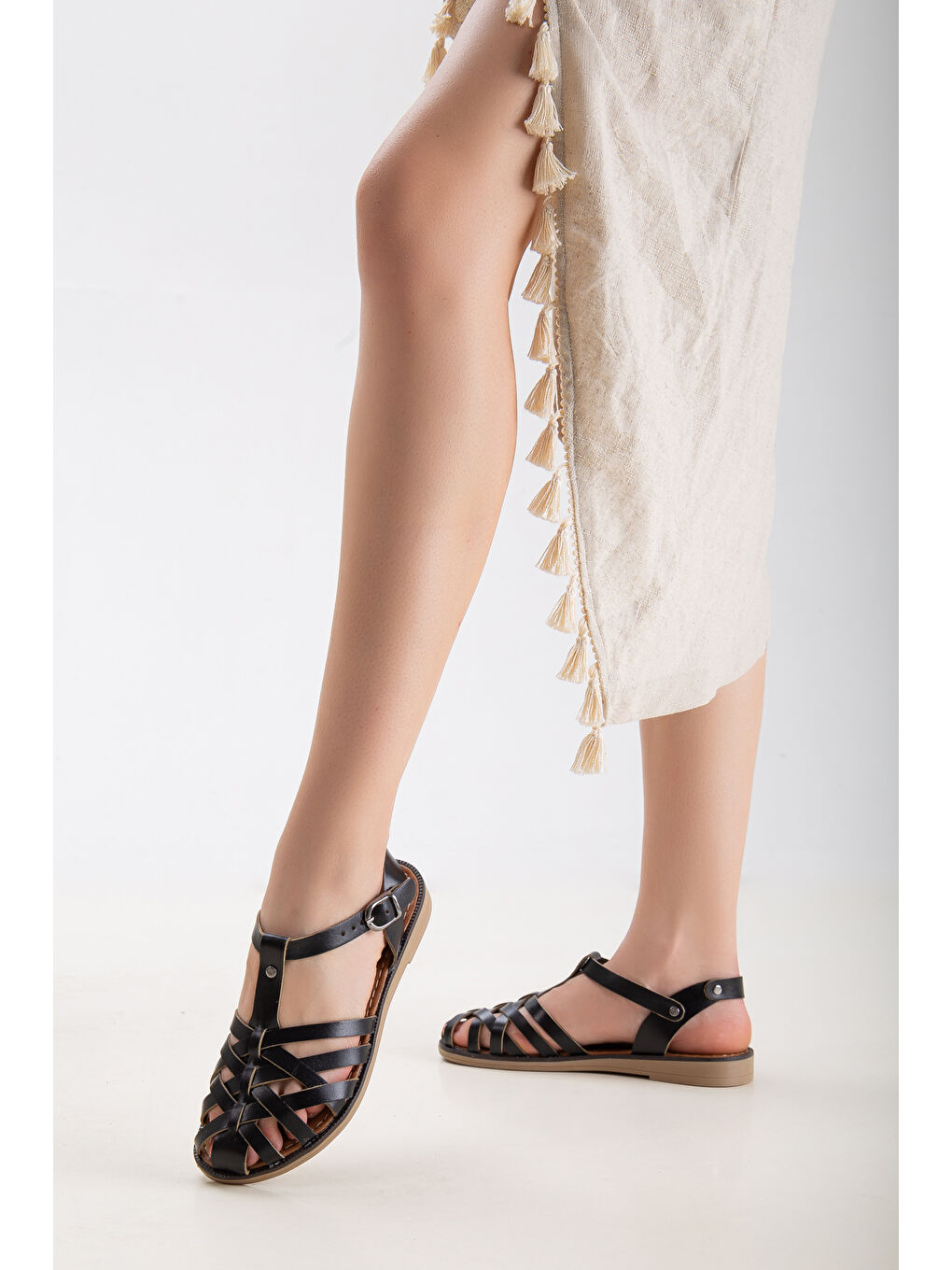 Siyah D002 Kadın Hakiki Deri Sandalet-5