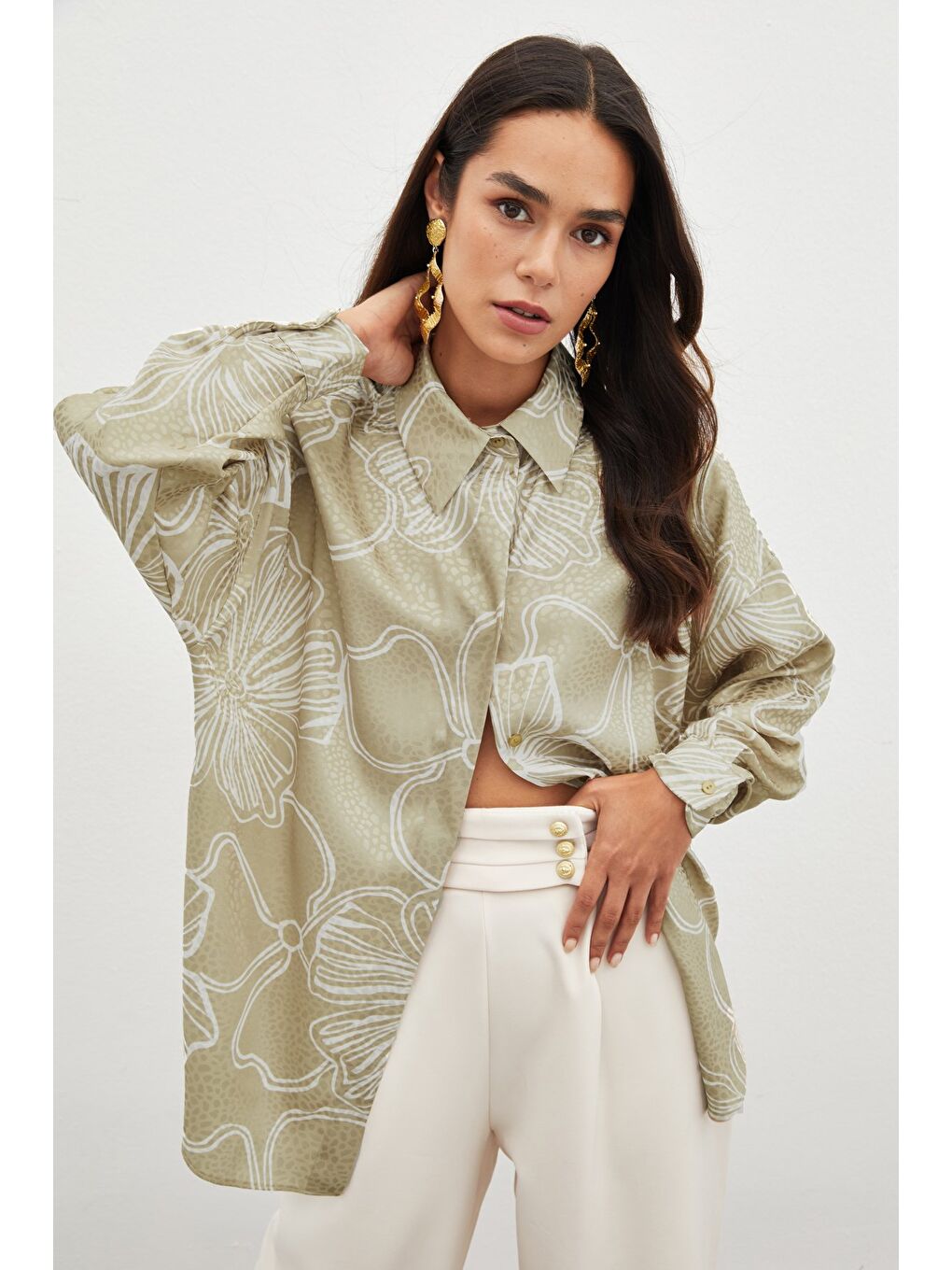 Kahverengi Desenli Uzun Gömlek - Sütlü Kahve