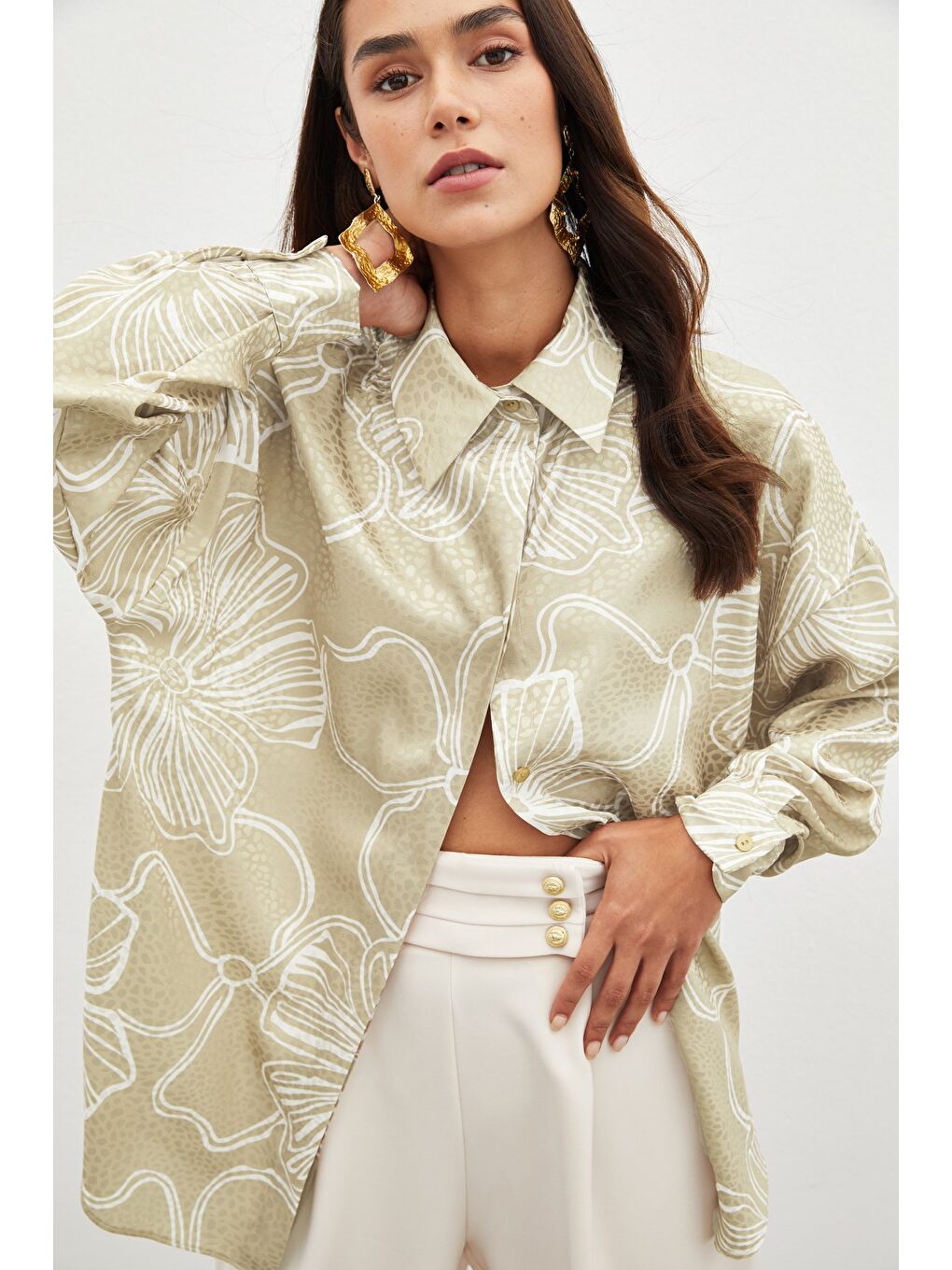 Kahverengi Desenli Uzun Gömlek - Sütlü Kahve-2