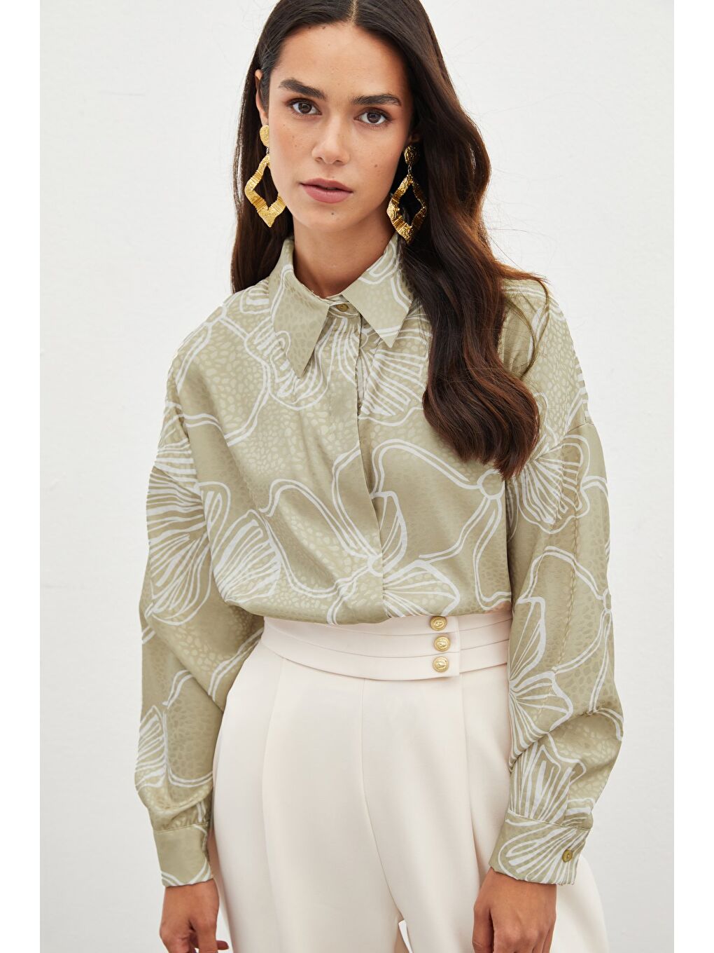 Kahverengi Desenli Uzun Gömlek - Sütlü Kahve-4