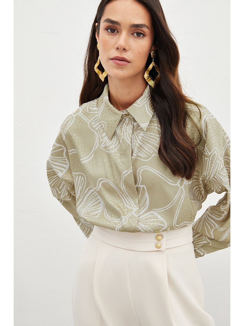 Kahverengi Desenli Uzun Gömlek - Sütlü Kahve-5