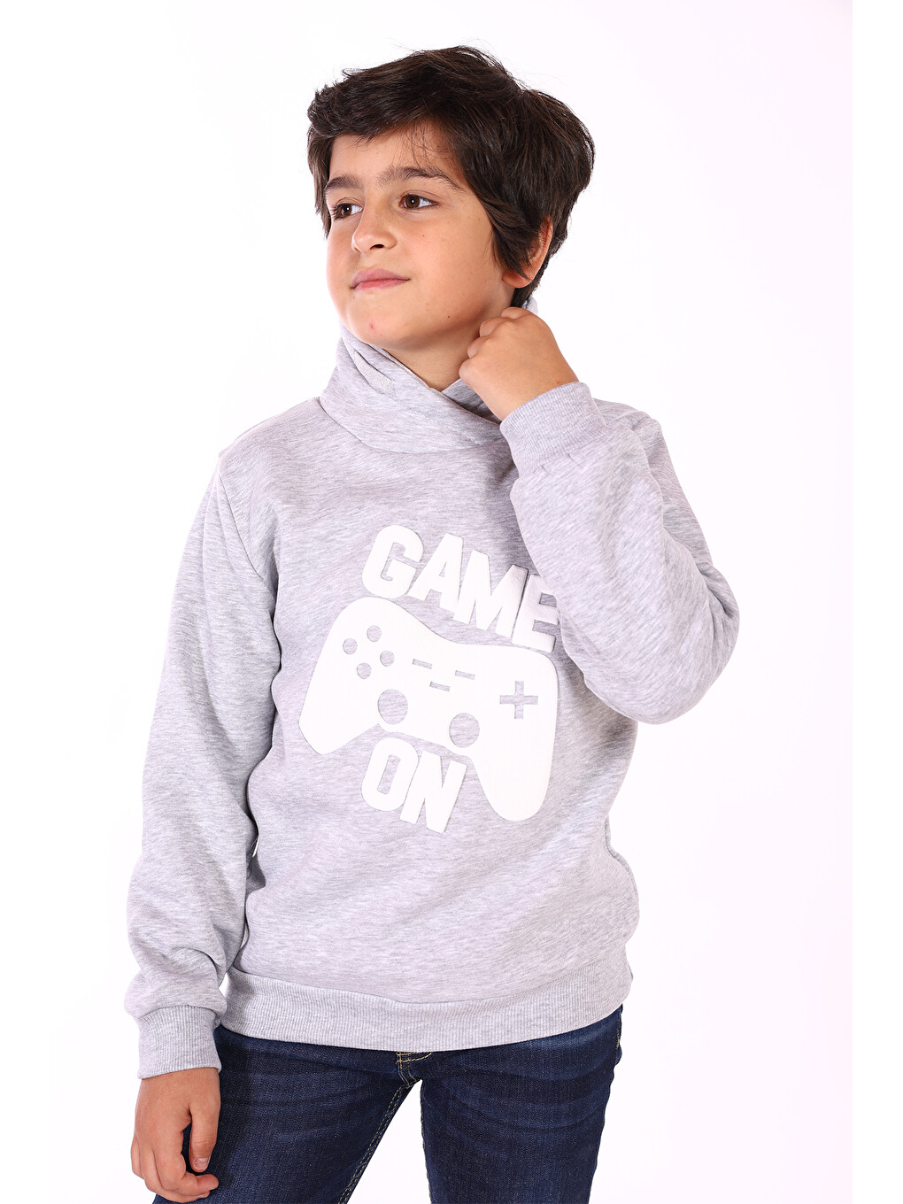 Gri Erkek Çocuk Pamuklu Kabartma Baskılı Sweatshirt