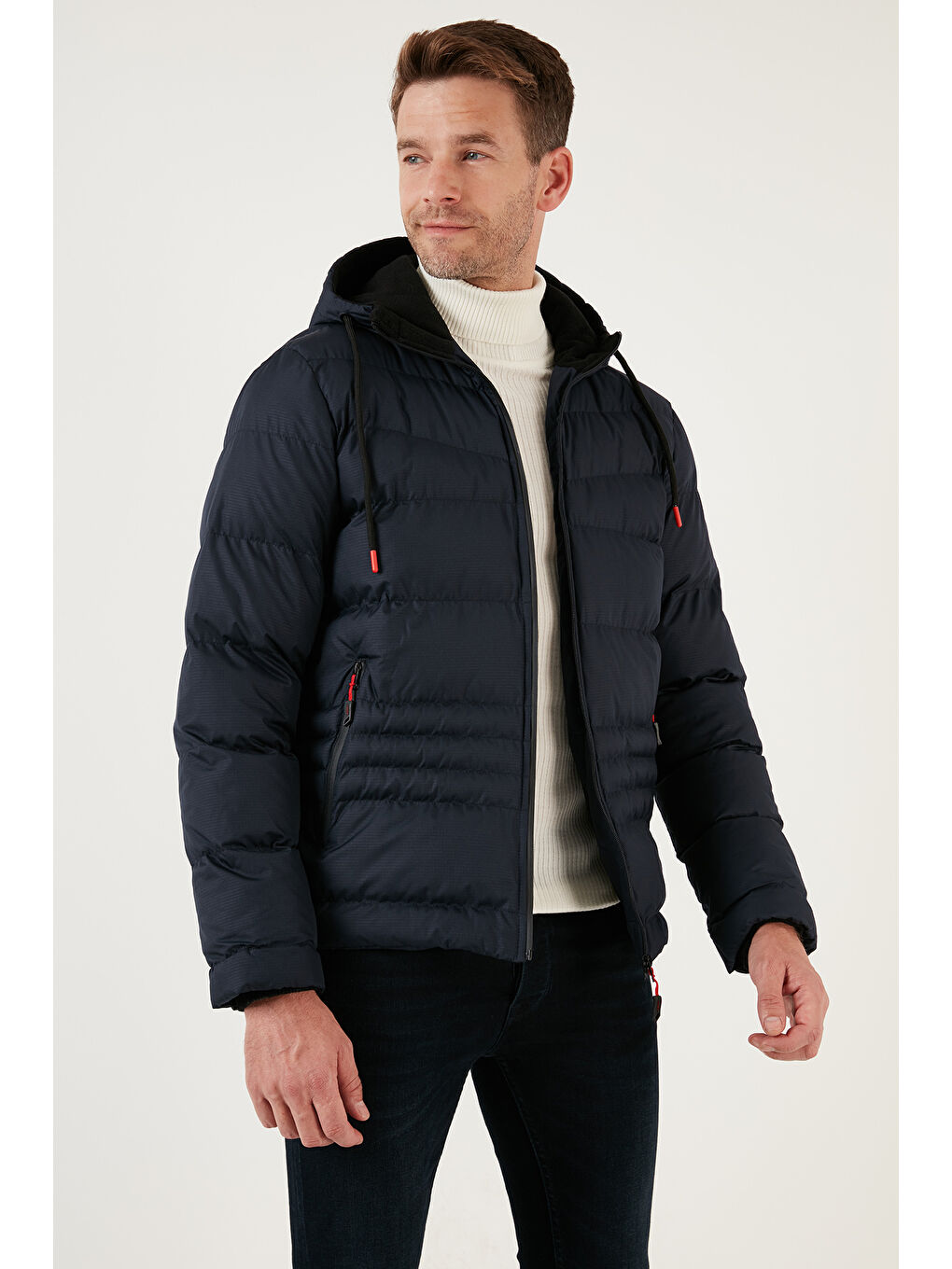 Lacivert Kapüşonlu Fermuarlı Cepli Slim Fit Şişme Mont 6490001-5