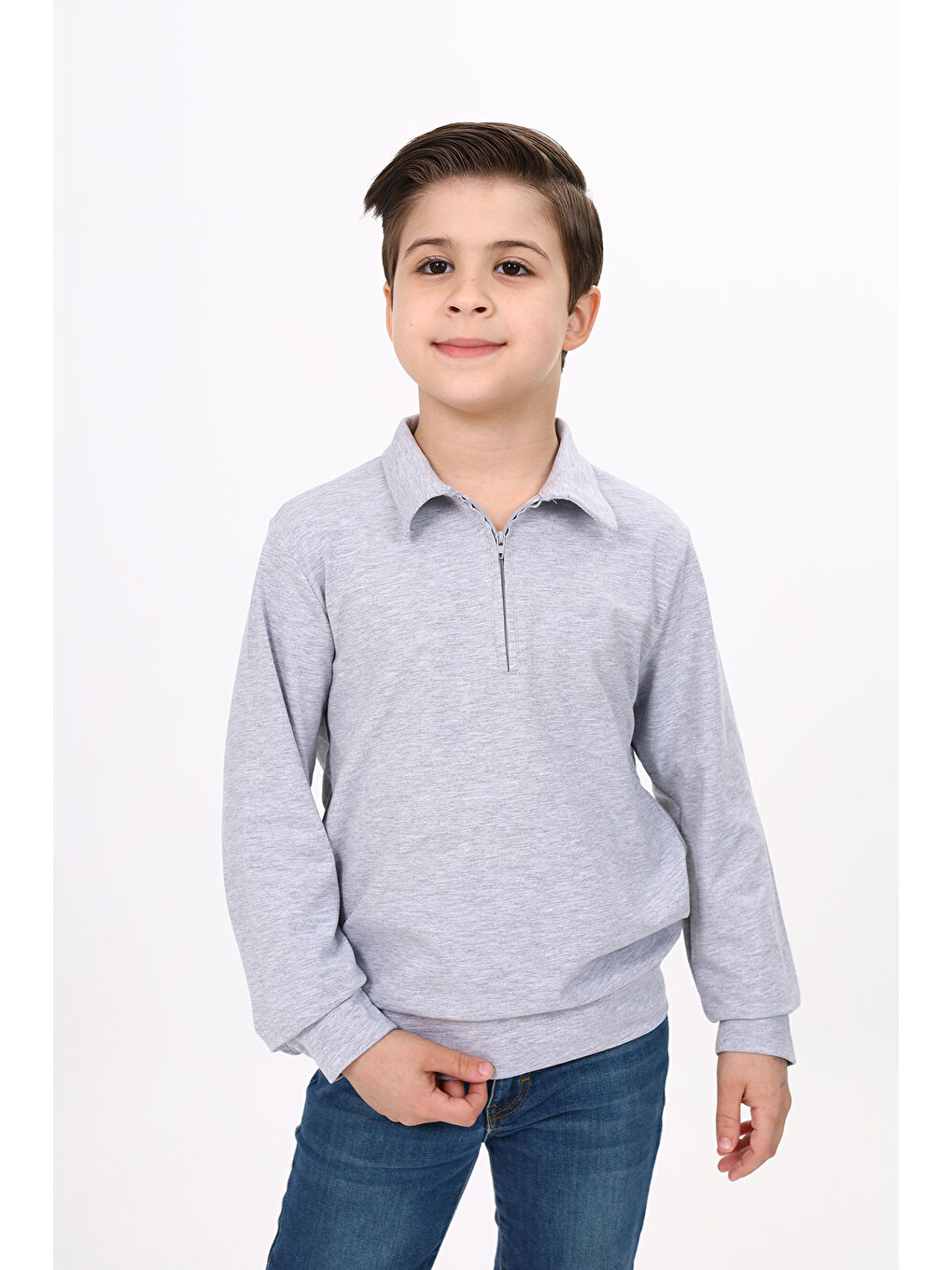 Gri Erkek Çocuk Polo Yaka Sweatshirt