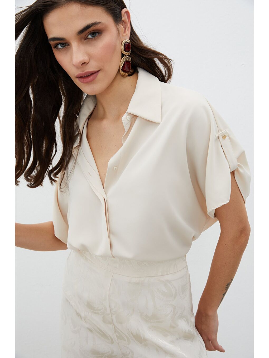 Kol Detaylı Salaş Gömlek - Bej-1