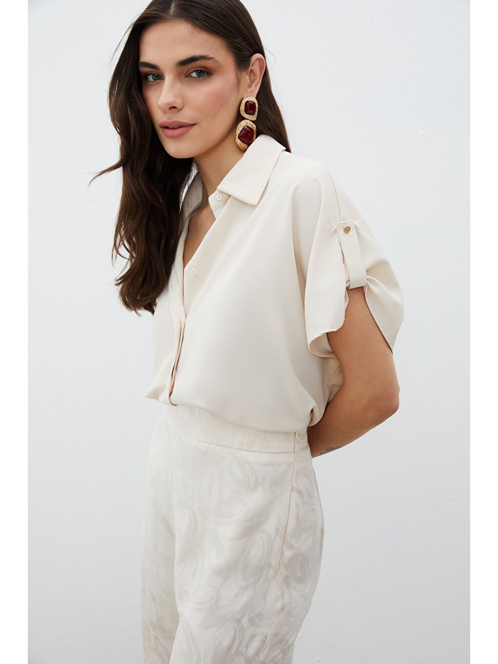 Kol Detaylı Salaş Gömlek - Bej-3