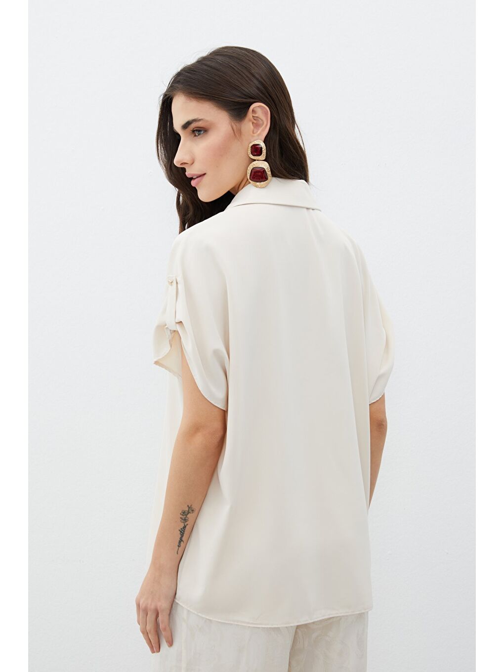 Kol Detaylı Salaş Gömlek - Bej-4