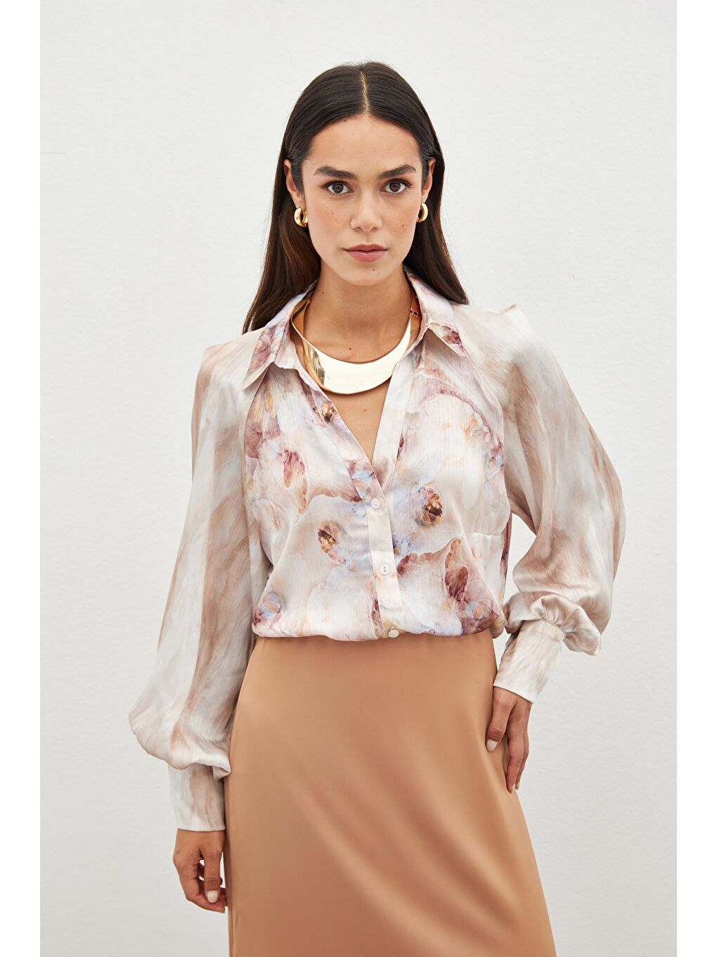 Bej Balon Kollu Desenli Gömlek - Taş