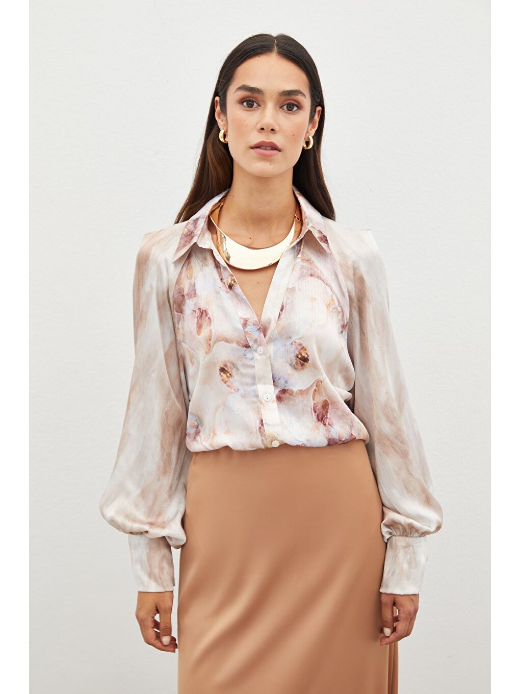 Bej Balon Kollu Desenli Gömlek - Taş-1