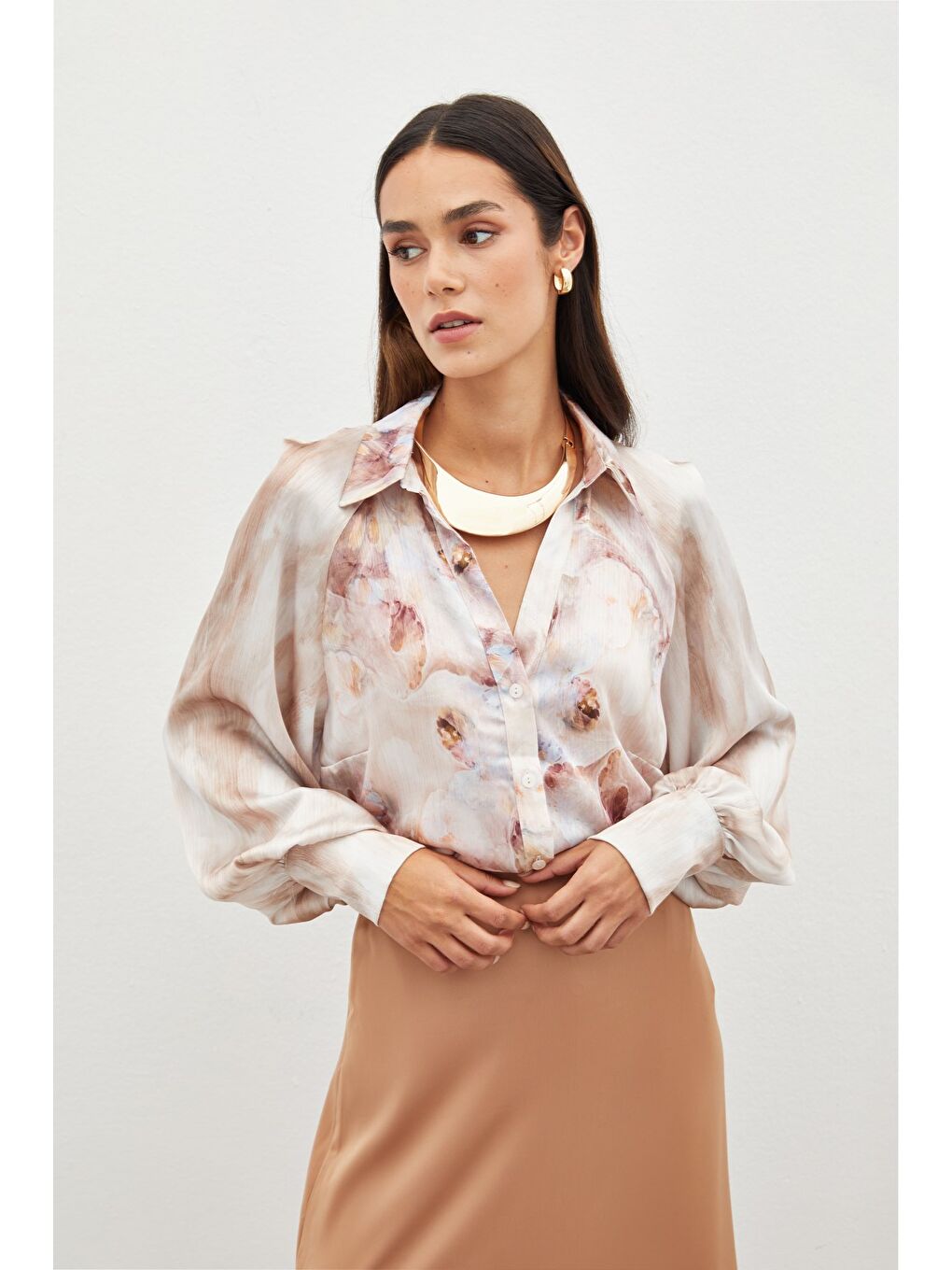 Bej Balon Kollu Desenli Gömlek - Taş-2