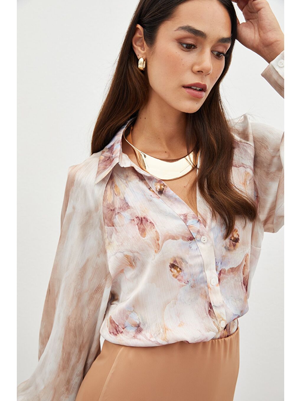 Bej Balon Kollu Desenli Gömlek - Taş-3