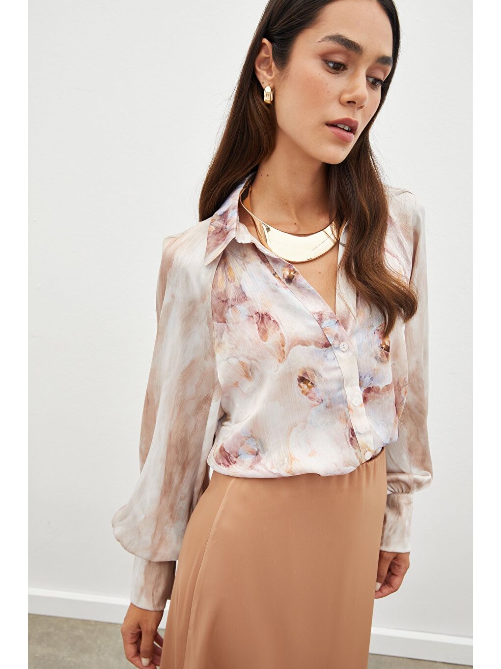 Bej Balon Kollu Desenli Gömlek - Taş-4