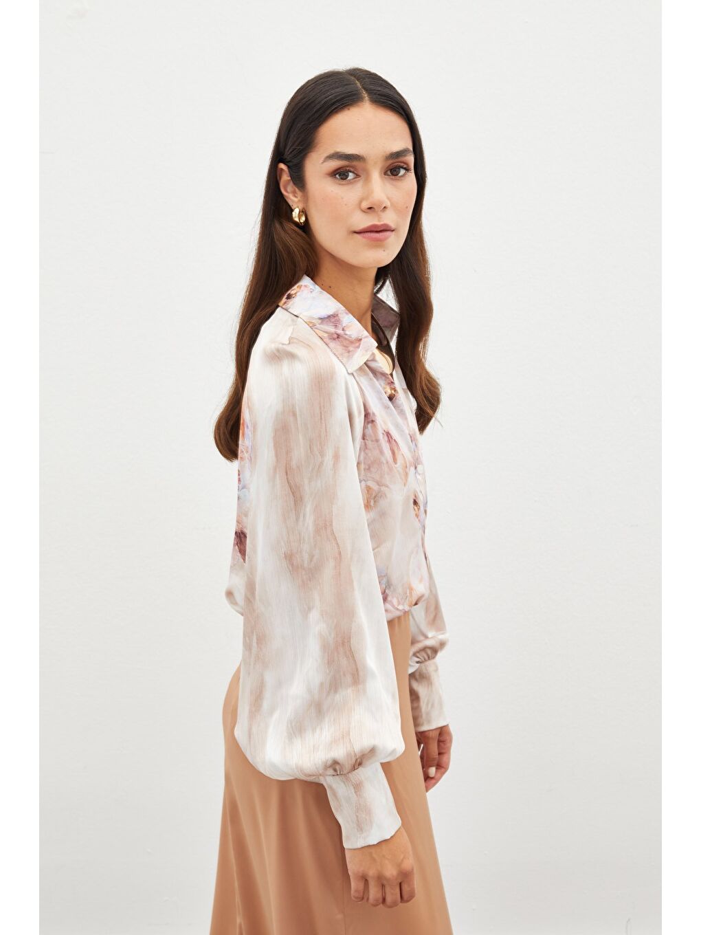 Bej Balon Kollu Desenli Gömlek - Taş-5