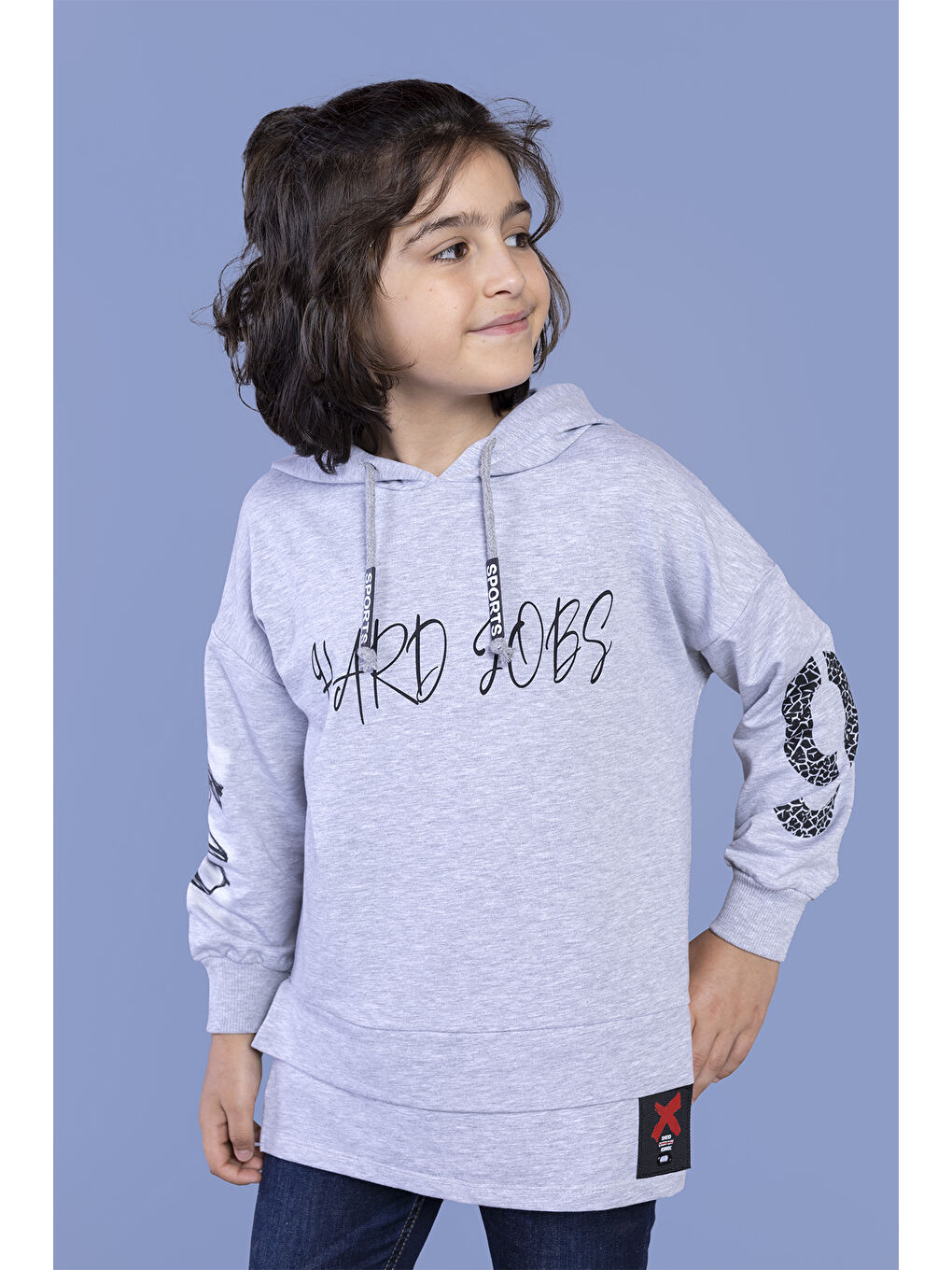 Gri Erkek Çocuk Kapüşonlu Baskılı Sweatshirt-1