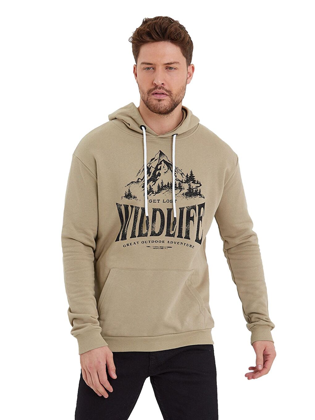 Haki Erkek Kapüşonlu Sweatshirt Önü Wıldlıfe Yazılı