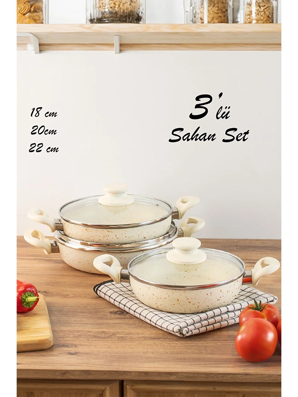 Bej 3 lü Granit Sahan Seti - 6 Parça Cam Kapaklı Çift Kulplu Omlet Sahan Takımı