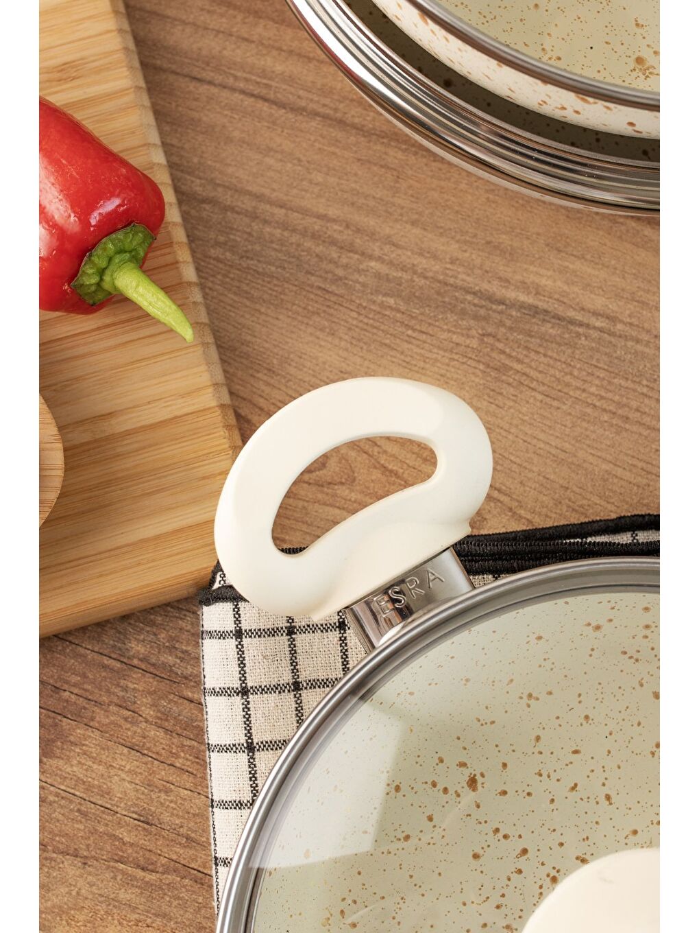 Bej 3 lü Granit Sahan Seti - 6 Parça Cam Kapaklı Çift Kulplu Omlet Sahan Takımı-1