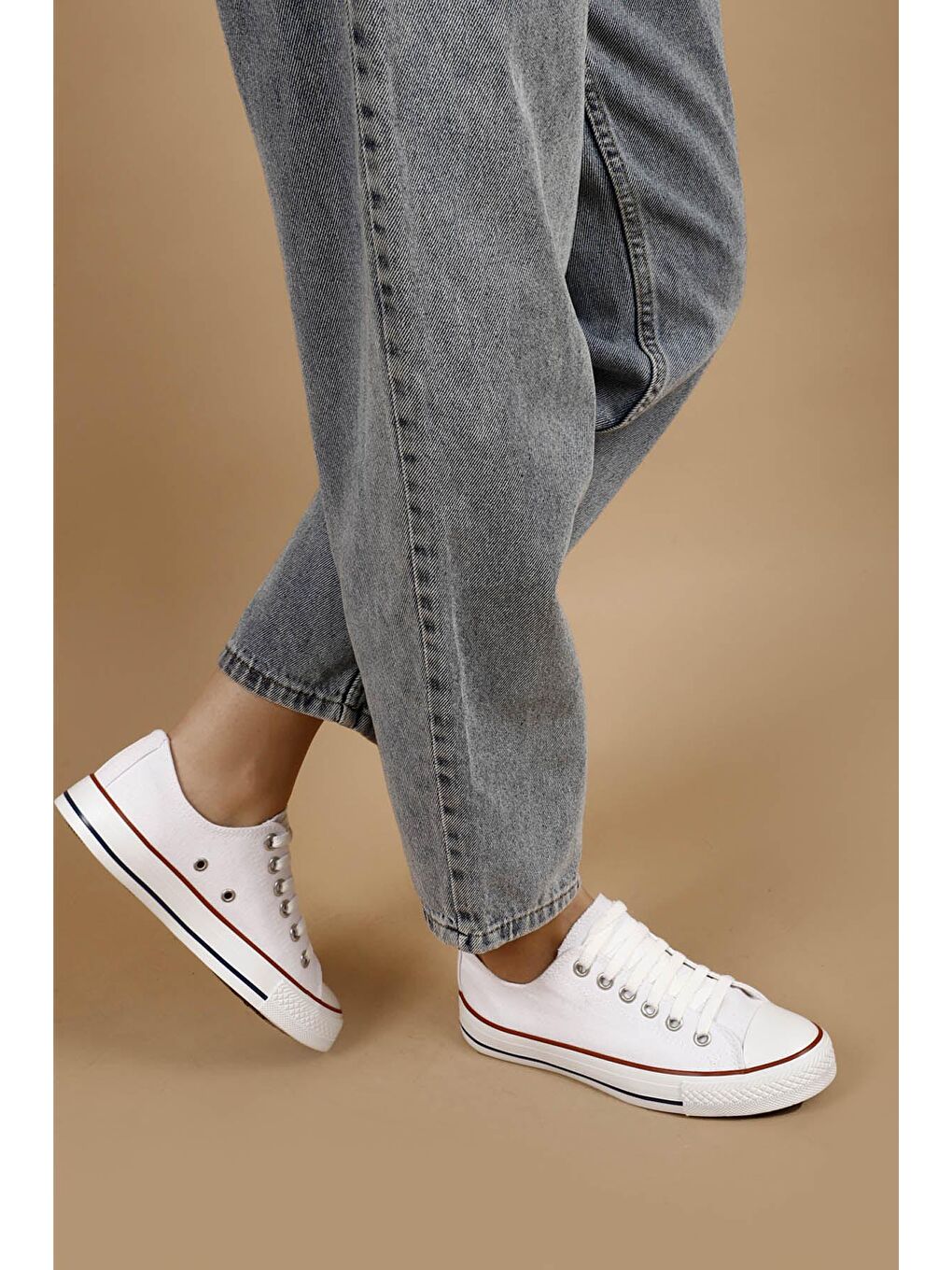 Beyaz Bağcıklı Kadın Keten Günlük  Düz Taban Sneaker 35222