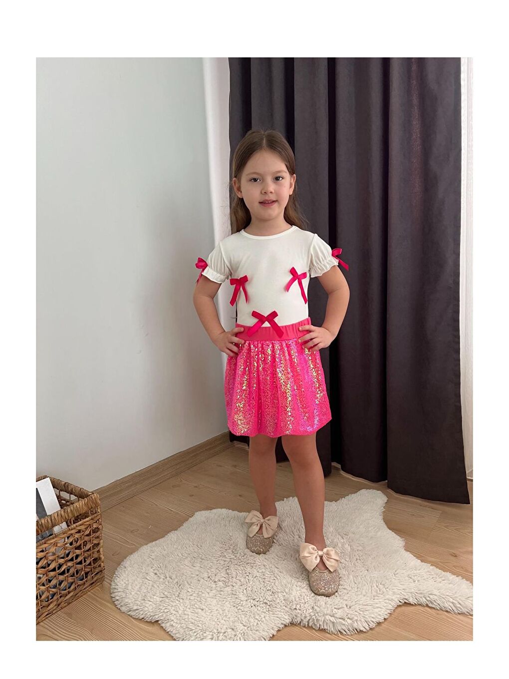 Beyaz Pullu Etek Fiyonk Detaylı 2li Takım-2