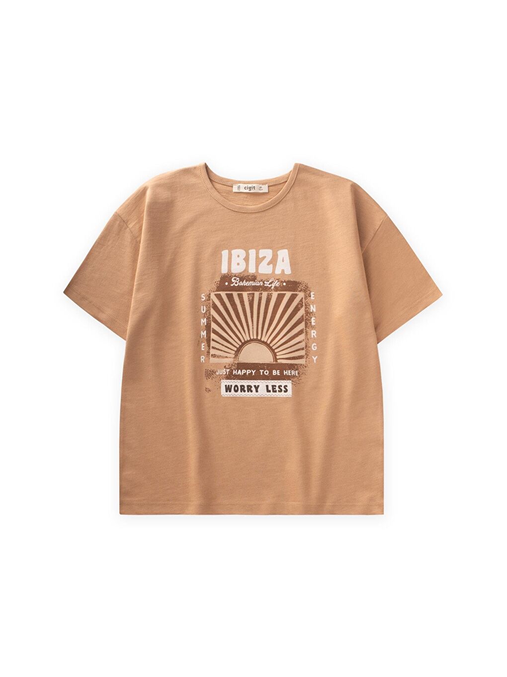 Kahverengi İbiza Baskılı T-Shırt 8-12 Yaş Camel