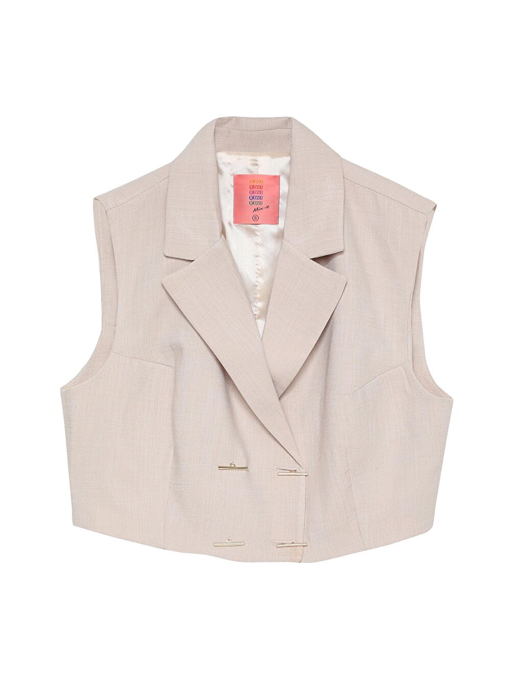 Bej Düğme Detaylı Crop Yelek Naturel