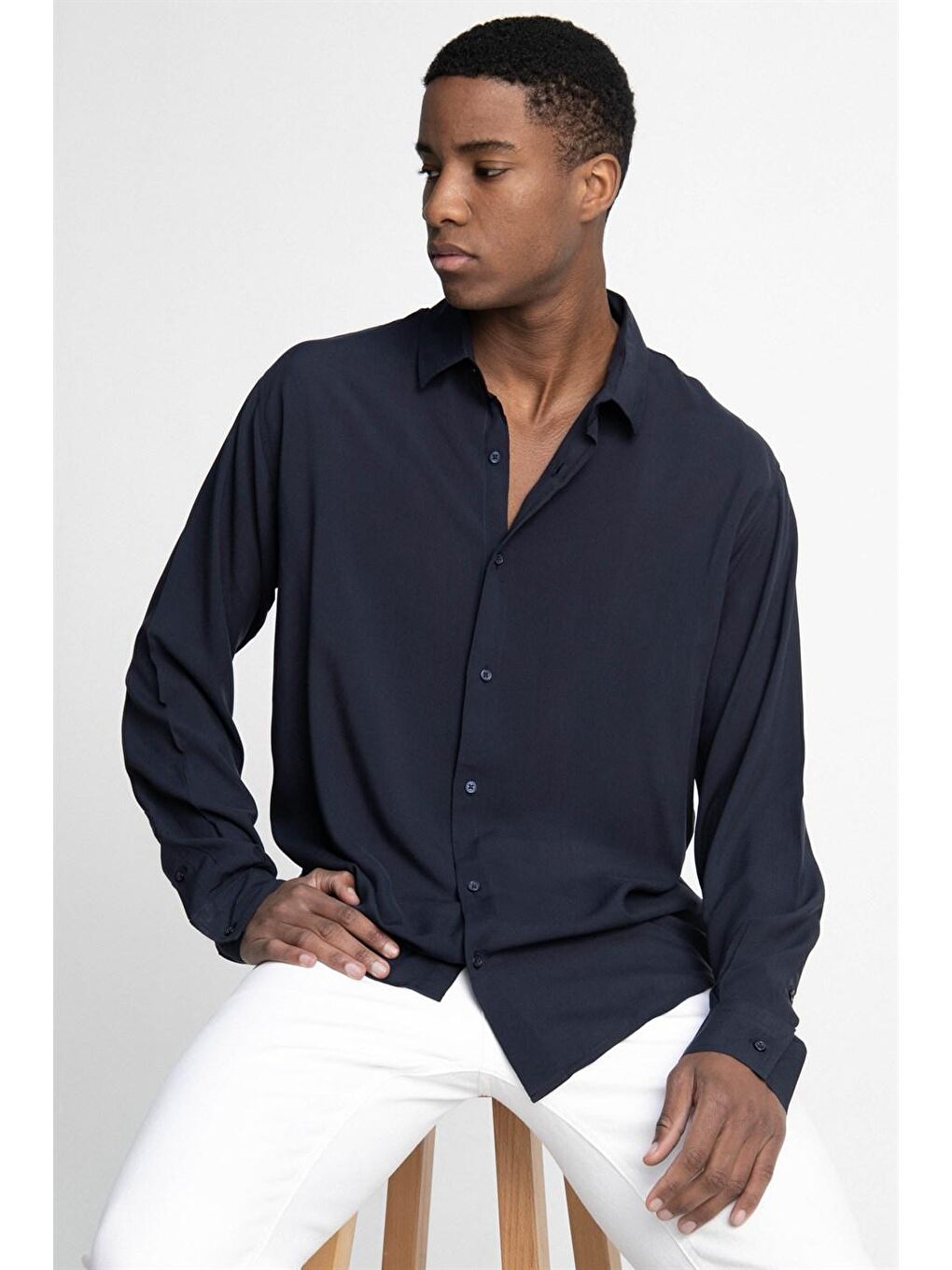 Lacivert Tudors Relax Fit Vual Viskon Premium Kumaş Spor Yaka Erkek Gömlek-1