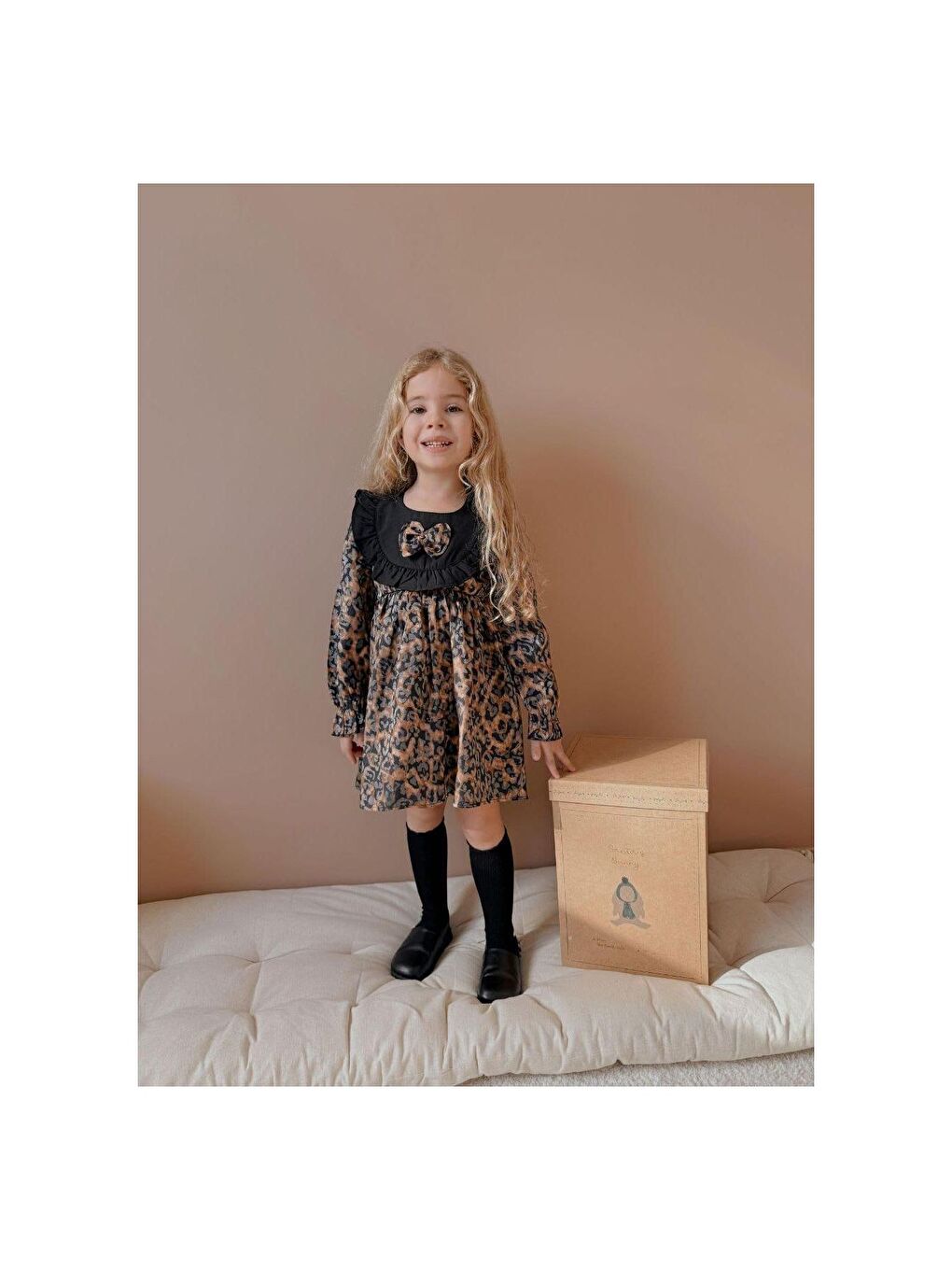 Siyah Leopar Desenli Kız Çocuk Elbise