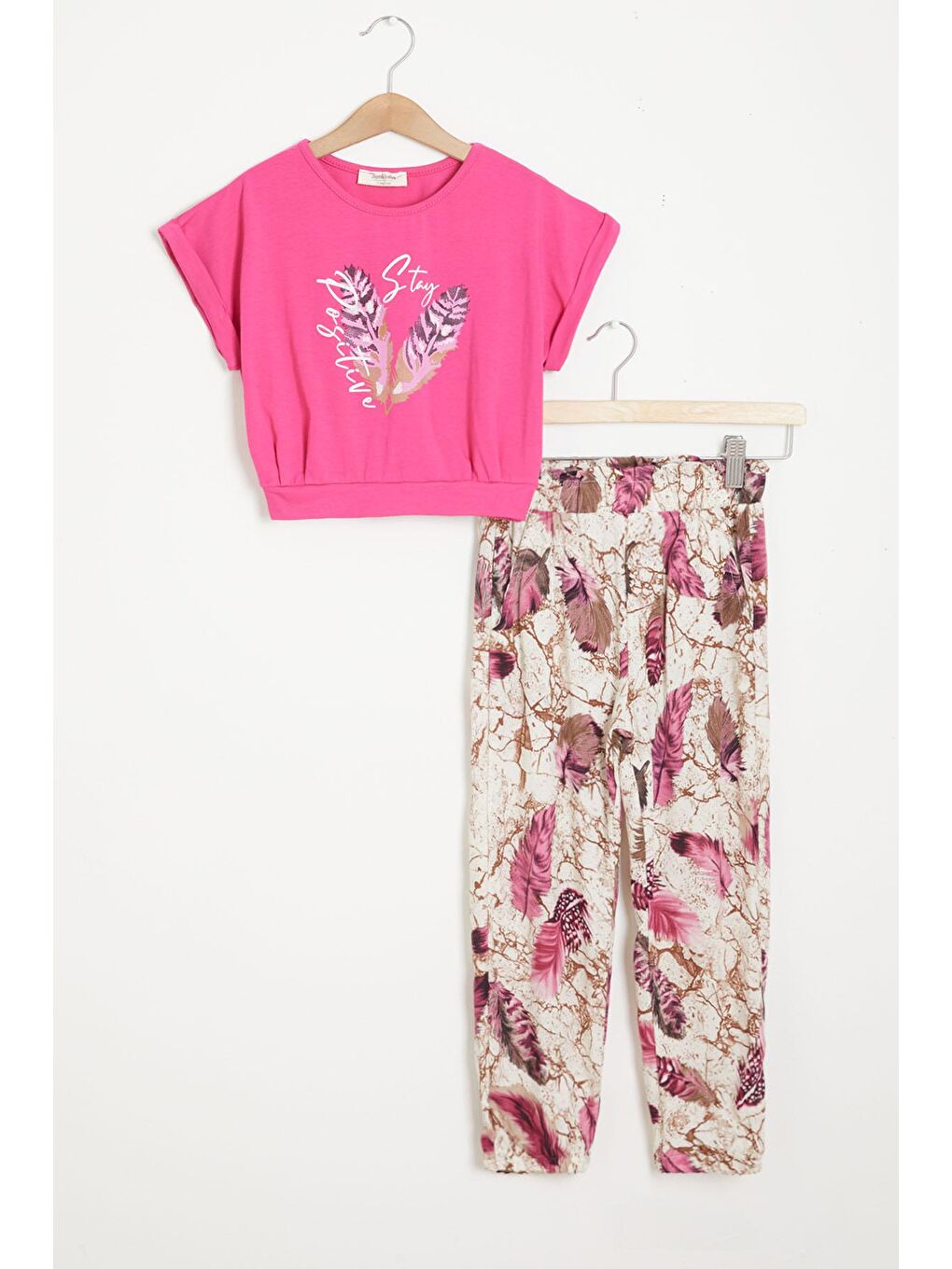 Pembe Yaprak Baskılı Bluz Pantolon Kız Takım 15515