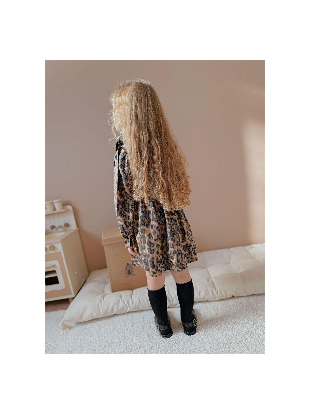 Siyah Leopar Desenli Kız Çocuk Elbise-1
