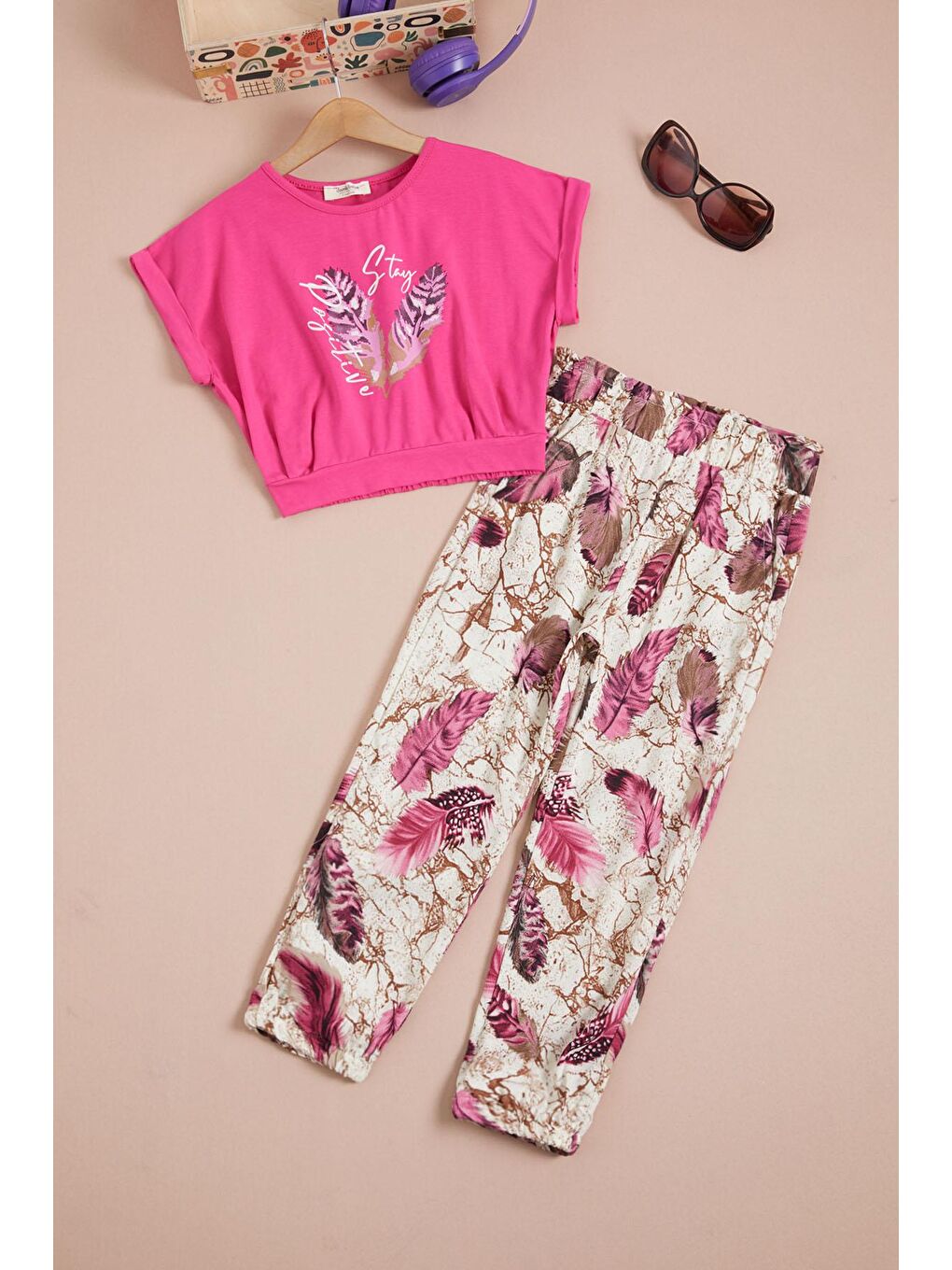 Pembe Yaprak Baskılı Bluz Pantolon Kız Takım 15515-1