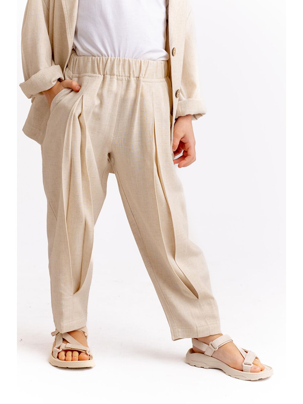 Ekru Kız Çocuk Keten Pantolon-1