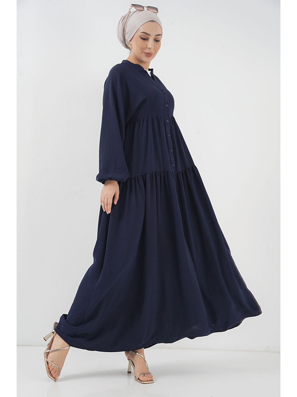 Bej Kadın Mavi Lacivert Tesettür Elbise 2423-1