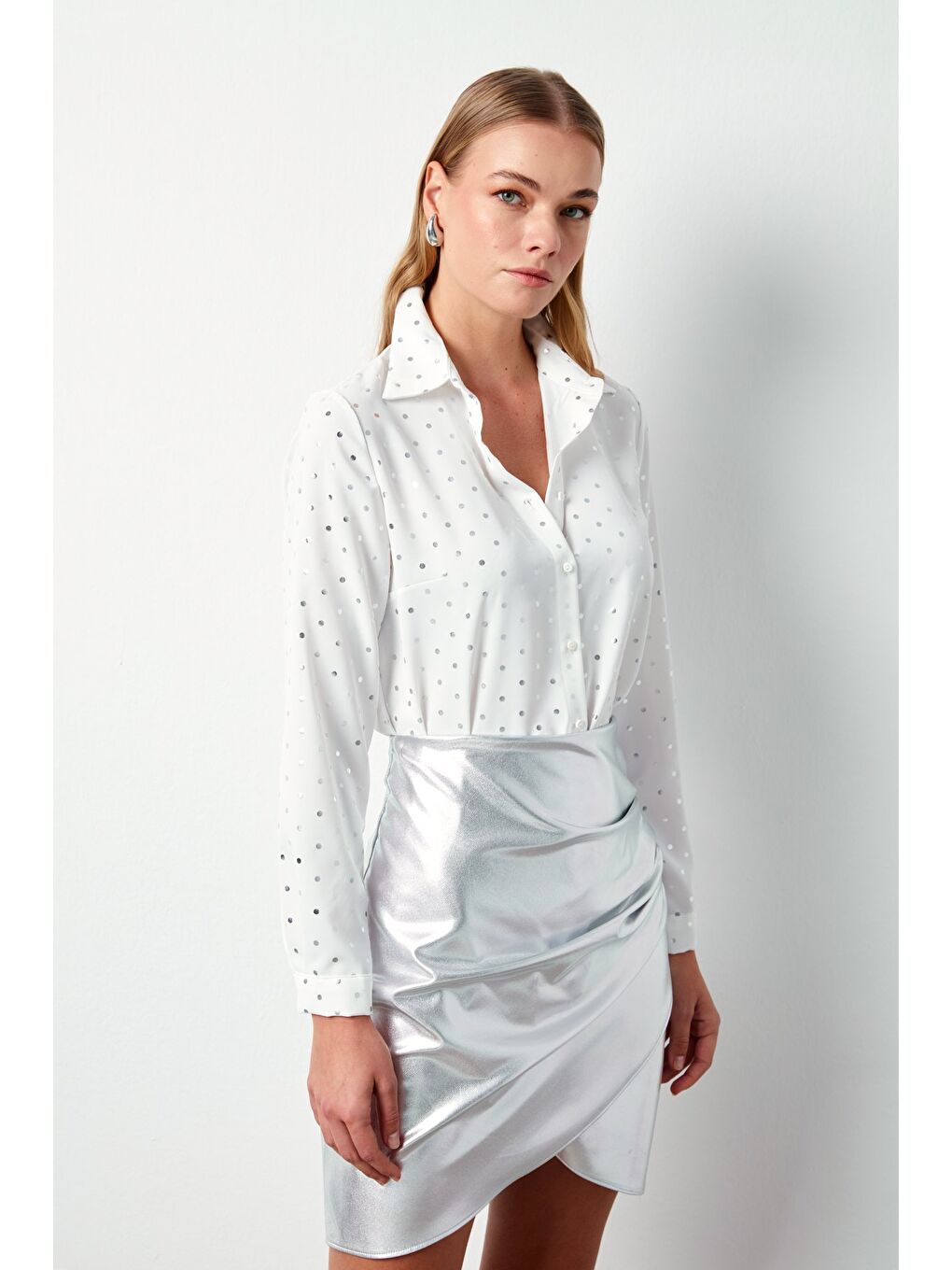 SATEEN Puantiyeli Düz Gömlek - Ekru - 3