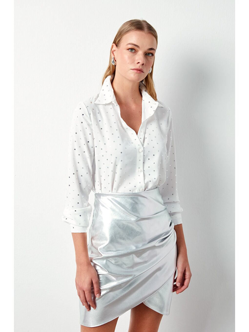 SATEEN Puantiyeli Düz Gömlek - Ekru - 4