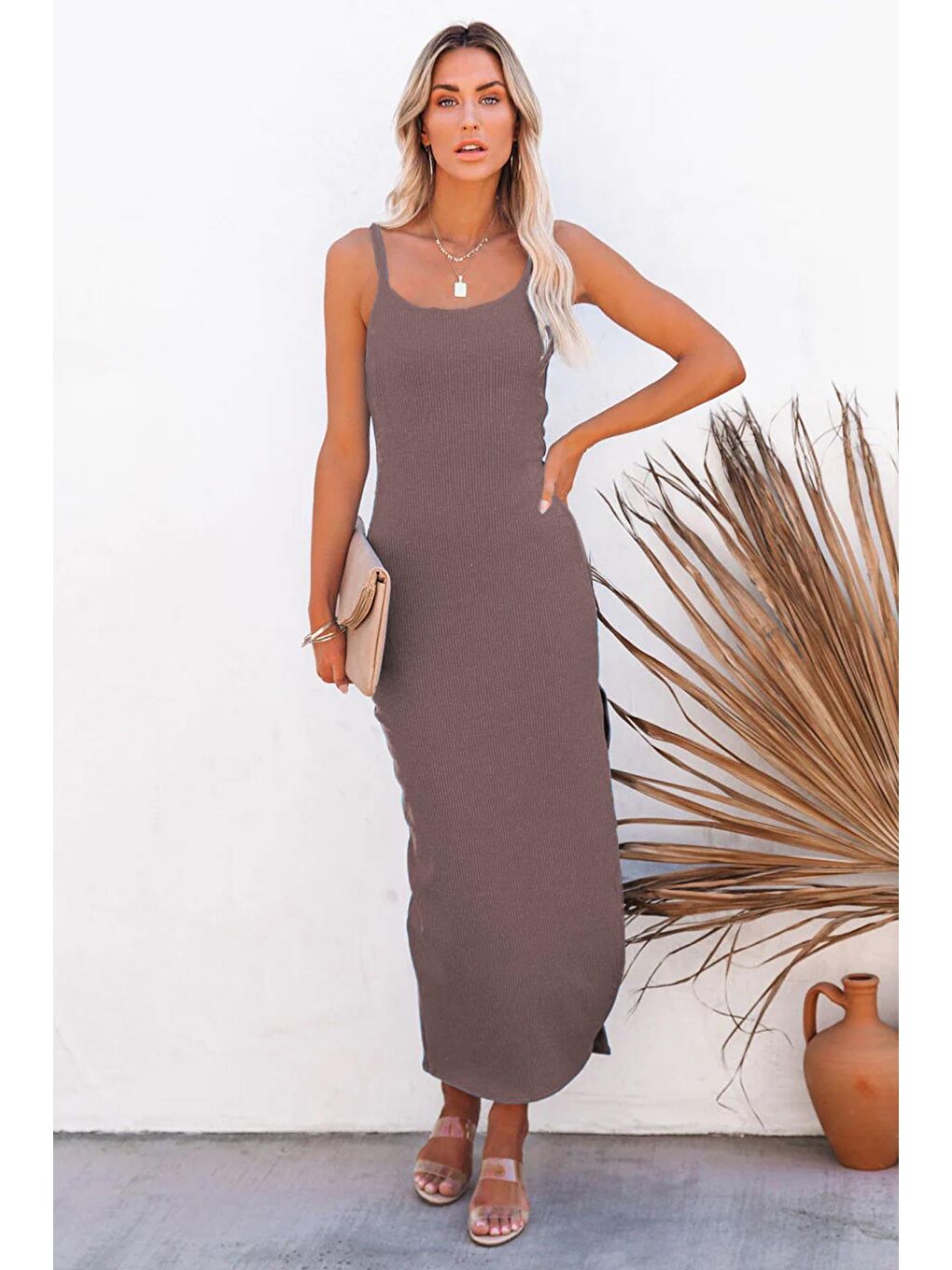 Bej Vizon Askılı Uzun Elbise Mg1728-1