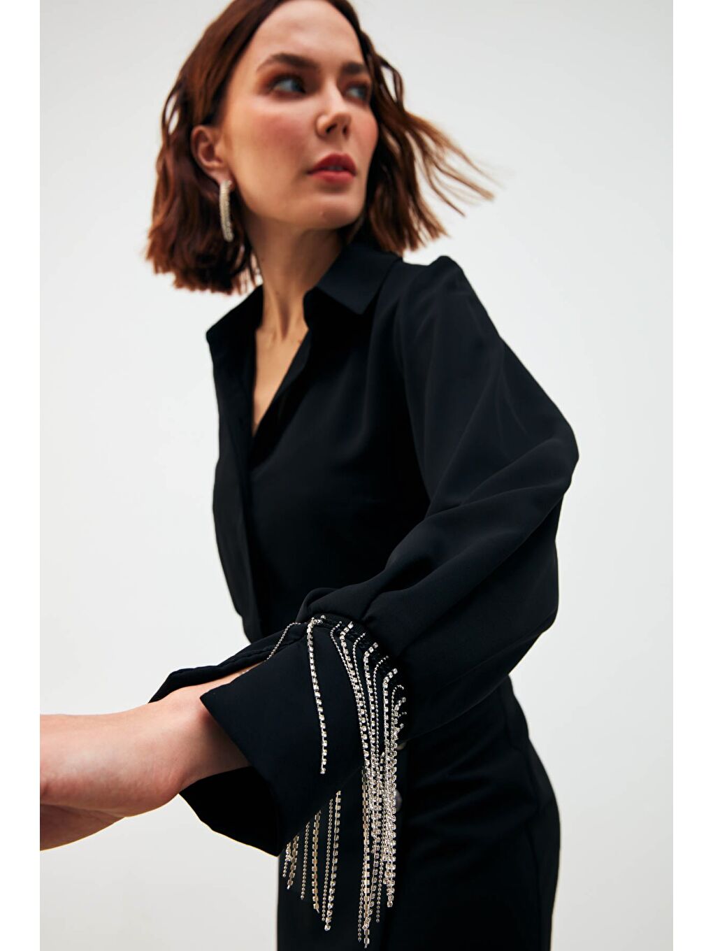 Manşetleri Aksesuarlı Gömlek - Siyah-5
