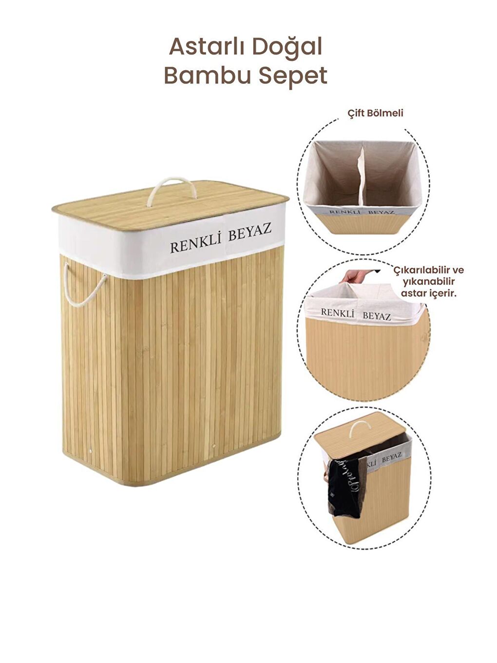 İki Bölmeli Bambu Naturel Çamaşır Sepeti 52x33x63 cm 100 lt Bej