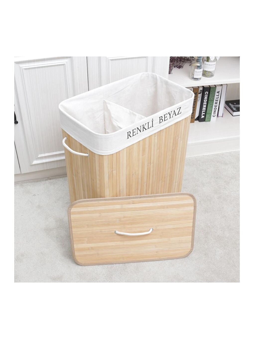 İki Bölmeli Bambu Naturel Çamaşır Sepeti 52x33x63 cm 100 lt Bej-1