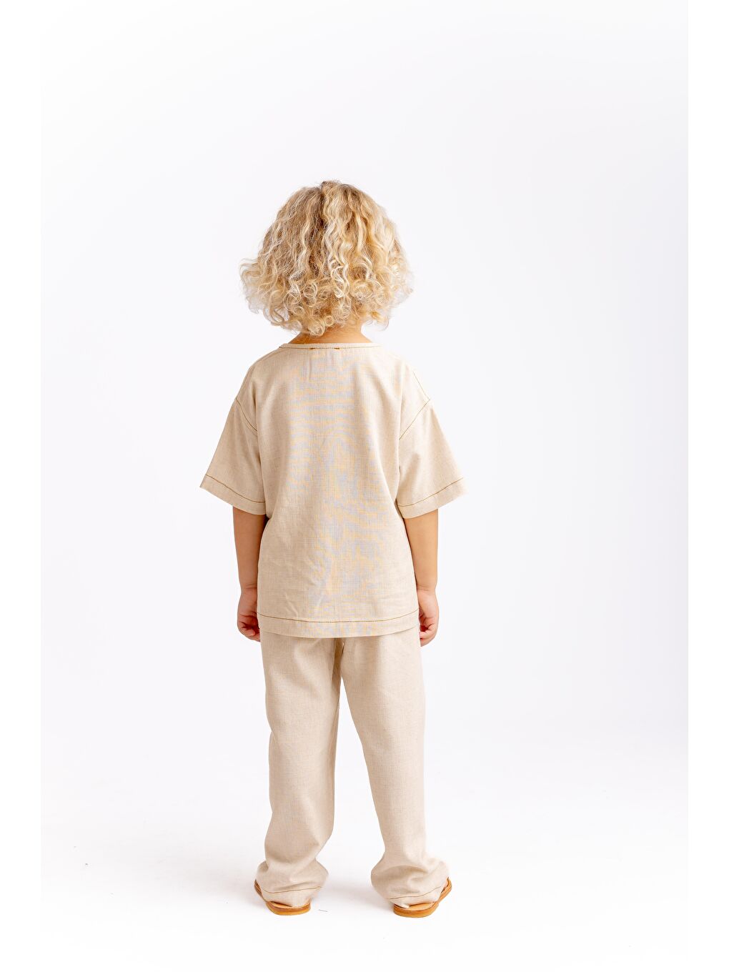 Ekru Kız Çocuk Keten Tişört-2