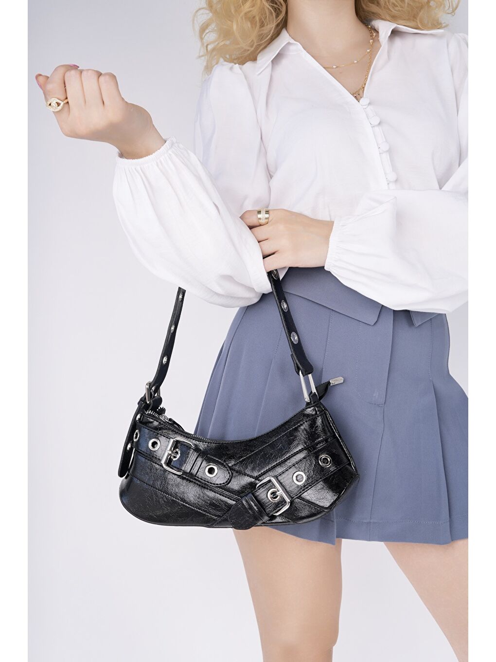 Siyah CHARM Kadın Kemer Detaylı Baget Çanta-2