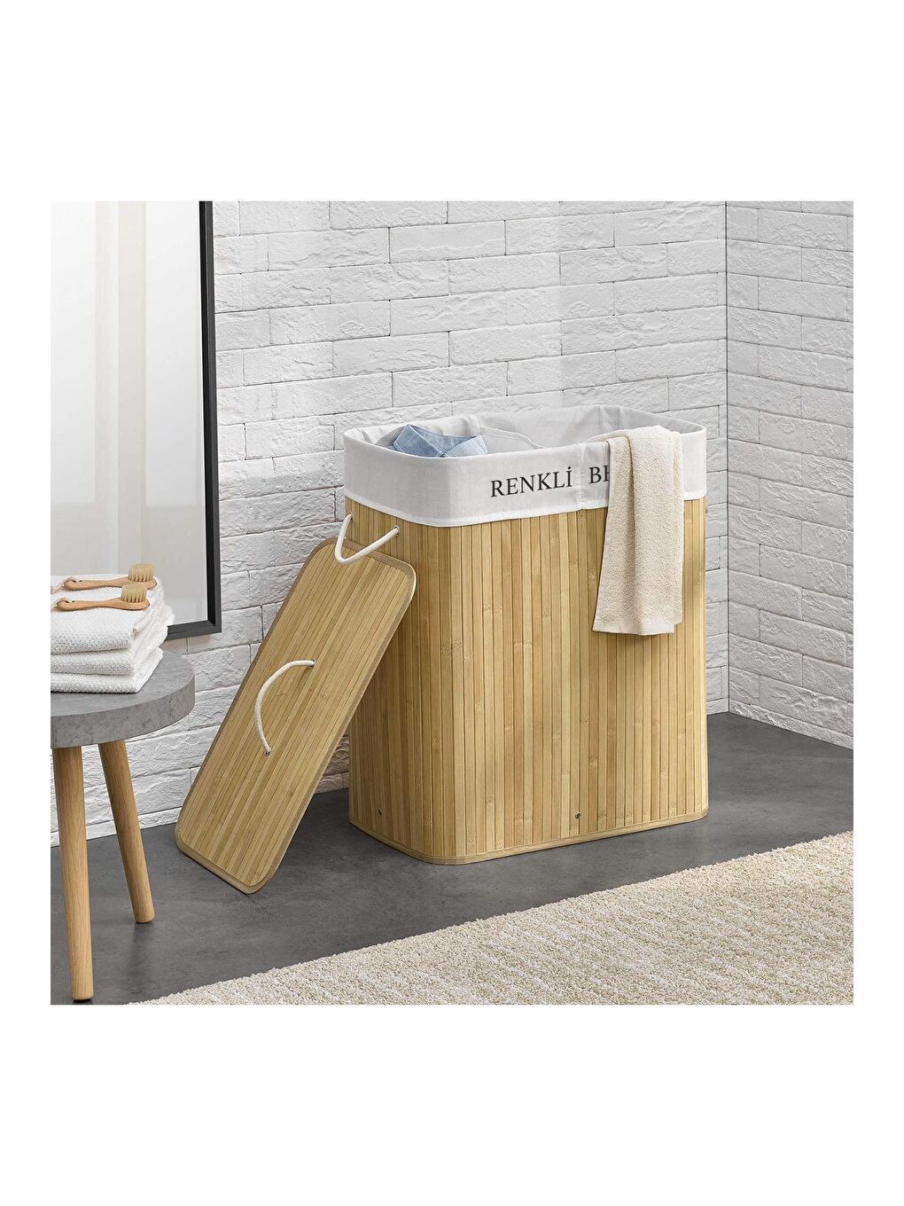 İki Bölmeli Bambu Naturel Çamaşır Sepeti 52x33x63 cm 100 lt Bej-2