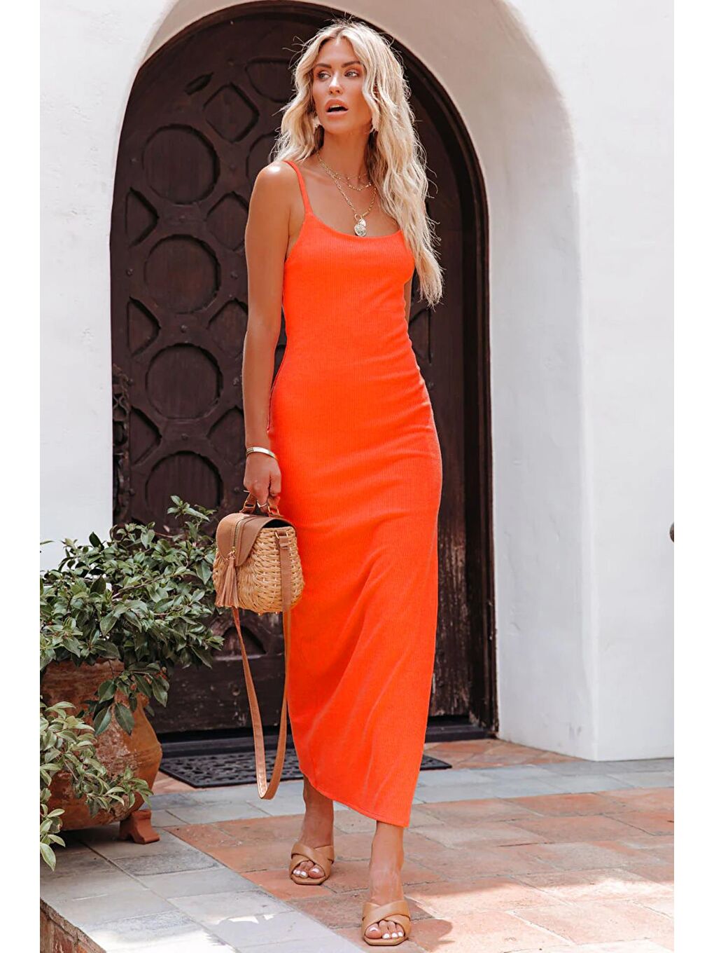 Turuncu Askılı Uzun Elbise Mg1728-3