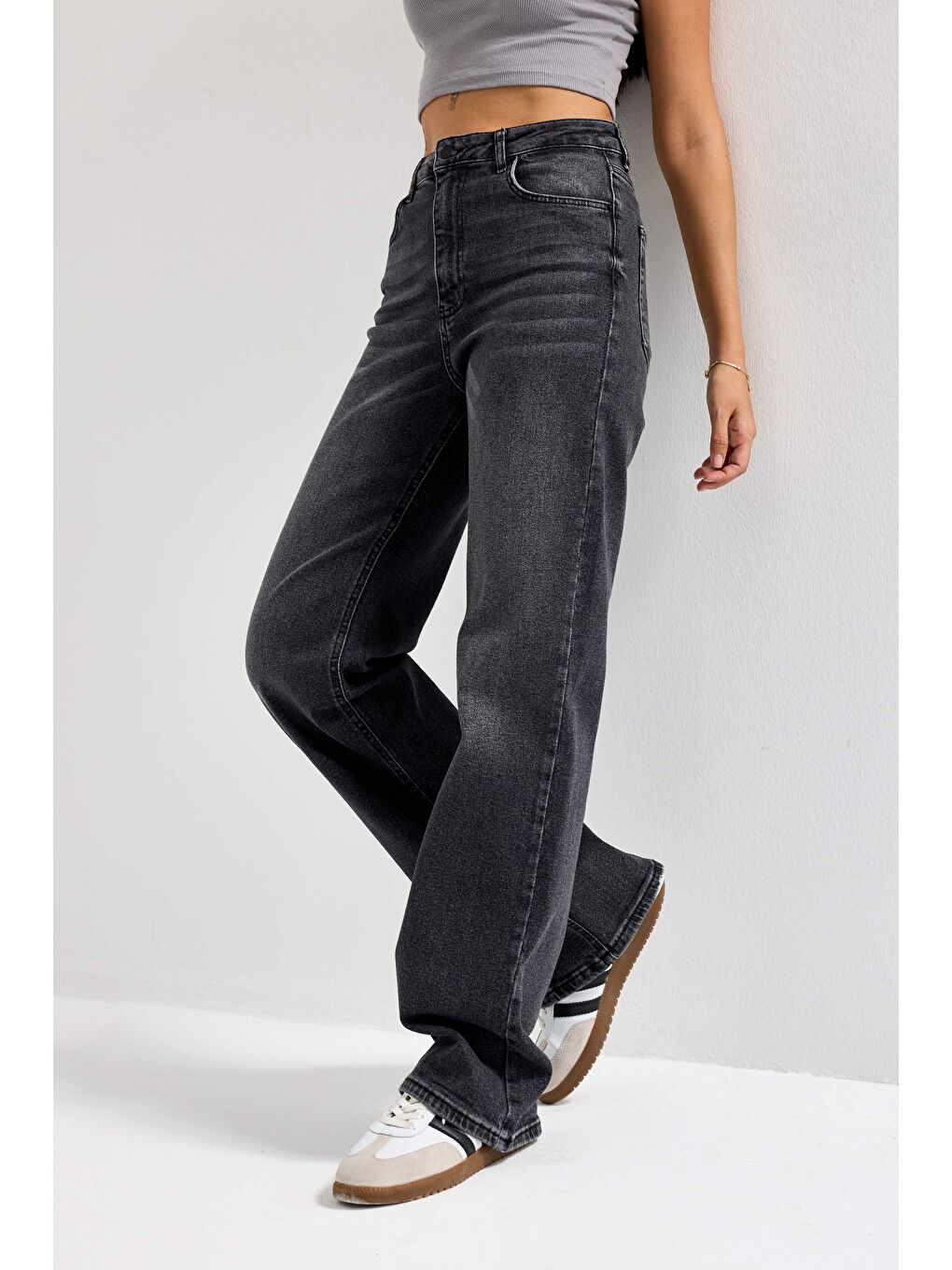 Gri Kadın Füme Renk 2s6-1 Straight Fit Yüksek Bel Esnek Elastan Kumaş Denim Jean