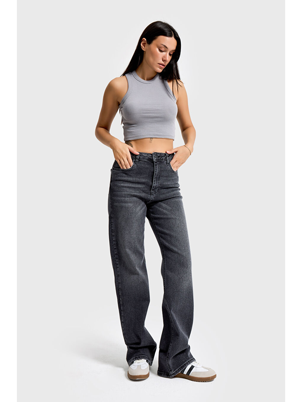 Gri Kadın Füme Renk 2s6-1 Straight Fit Yüksek Bel Esnek Elastan Kumaş Denim Jean-5