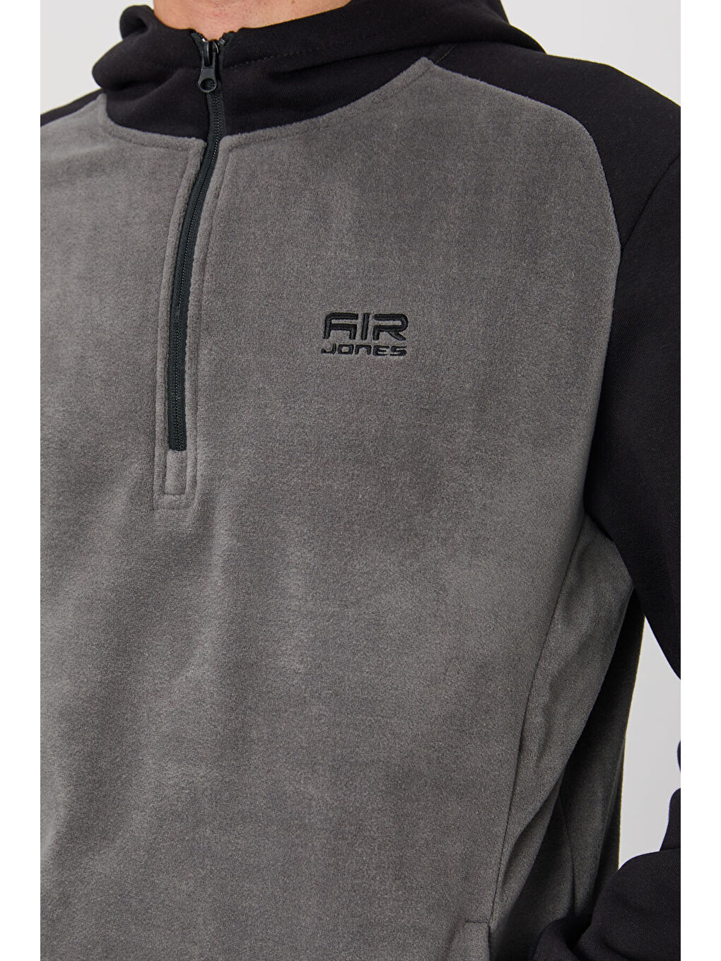 Koyu Gri Yarım Fermuarlı Kapüşonlu Renk Bloklu Standart Kalıp  Polar Erkek Hoodie - 88300-2