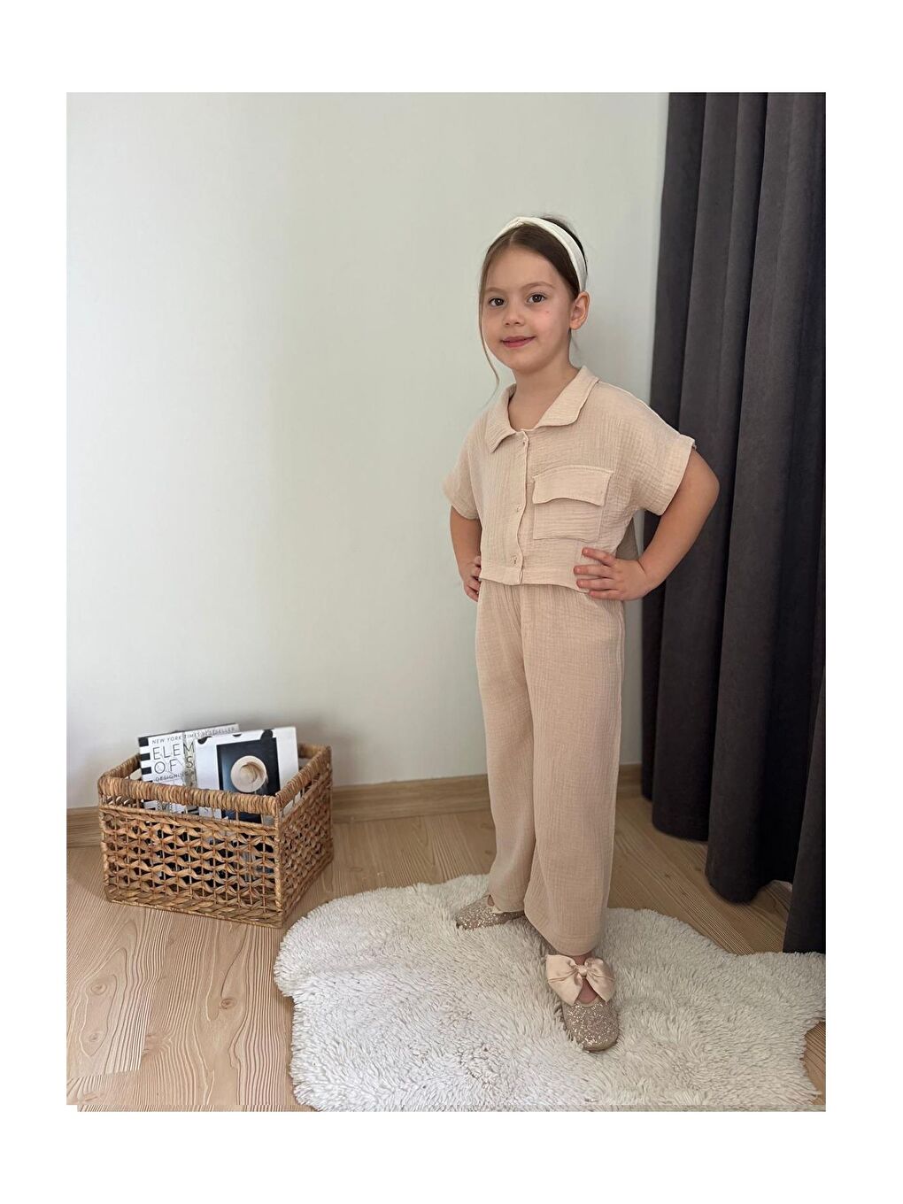Bej Müslin Kumaş Kız Çocuk Takım
