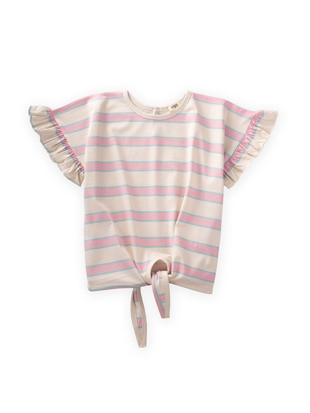 Pembe Çizgili Bağlamalı Kız T-Shırt 3-10 Yaş Pudra Mavi Çizgili