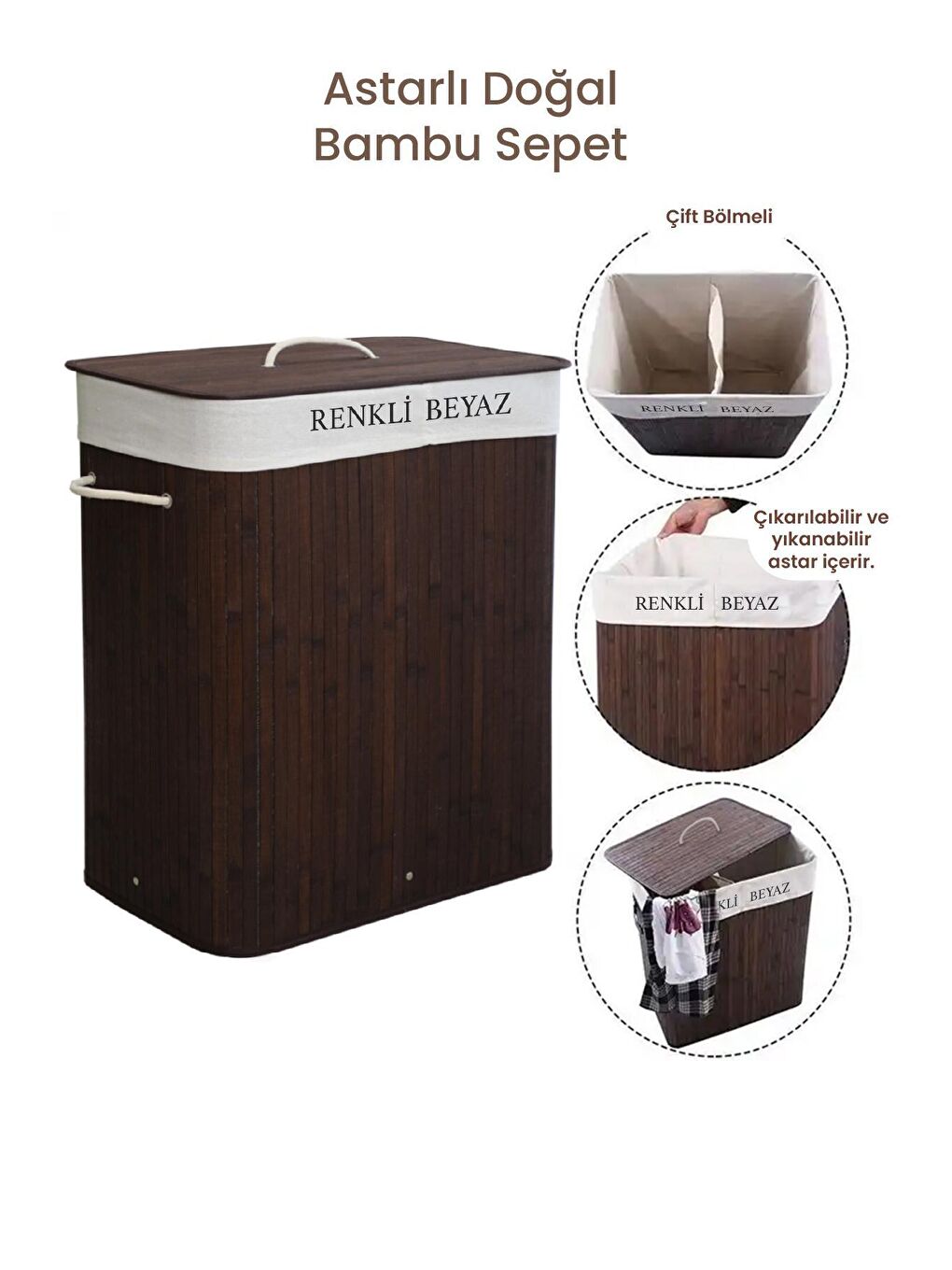 Kahverengi İki Bölmeli Bambu Naturel Çamaşır Sepeti - Mega Katlanabilir Çamaşır Sepeti 52x33x63 cm 100 Lt Kahve