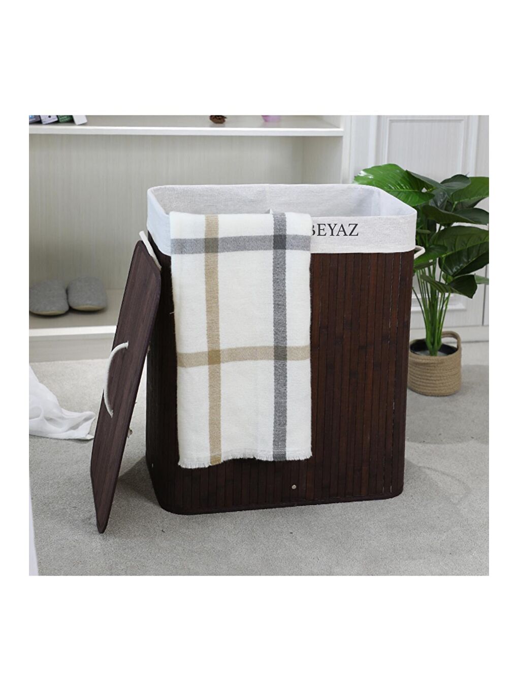 Kahverengi İki Bölmeli Bambu Naturel Çamaşır Sepeti - Mega Katlanabilir Çamaşır Sepeti 52x33x63 cm 100 Lt Kahve-1