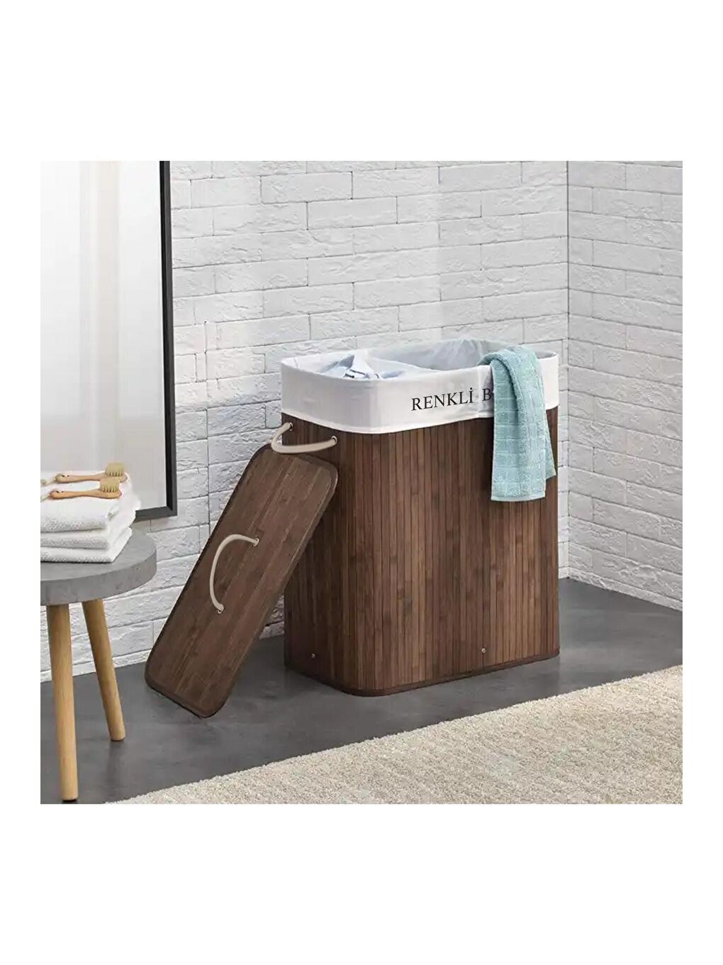 Kahverengi İki Bölmeli Bambu Naturel Çamaşır Sepeti - Mega Katlanabilir Çamaşır Sepeti 52x33x63 cm 100 Lt Kahve-2